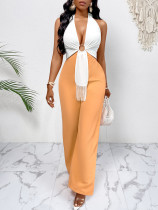 Hanging neck metal contrasting jumpsuit