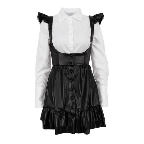 Long sleeved shirt strap short skirt two-piece set