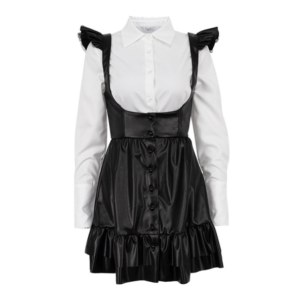 Long sleeved shirt strap short skirt two-piece set