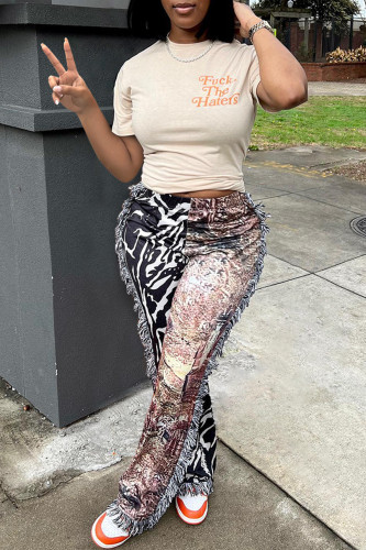 Fashionable colorful patterned tassel flannel pants+T-shirt set