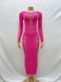 Round necked hollowed out long sleeved integrated knitted long buttocks wrapped dress