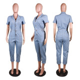 Twist button semi elastic waist jumpsuit capris jumpsuit