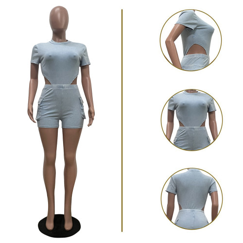 Women's water washed jumpsuit shorts set