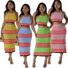 Women's knitted elastic vest sweater long set
