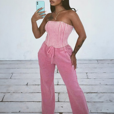 Women's strapless vest with drawstring three-dimensional wide leg pants set
