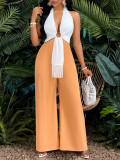 Hanging neck metal contrasting jumpsuit