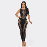 Round necked sleeveless sexy slim fit hollow out knit jumpsuit