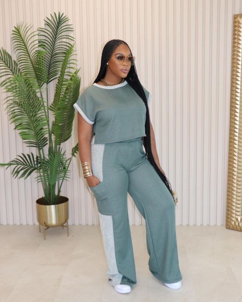 Color blocking loose short sleeved straight leg pants two-piece set