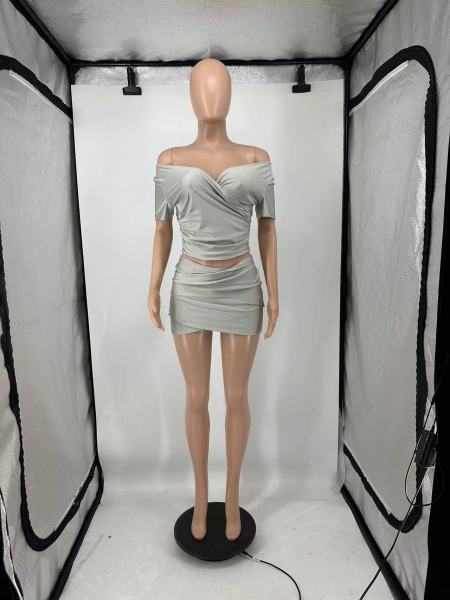 Cross V-neck short sleeved short skirt with pleated slim fit elastic set