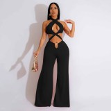 Hollow neck hanging open navel wide leg jumpsuit