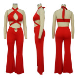 Hollow neck hanging open navel wide leg jumpsuit