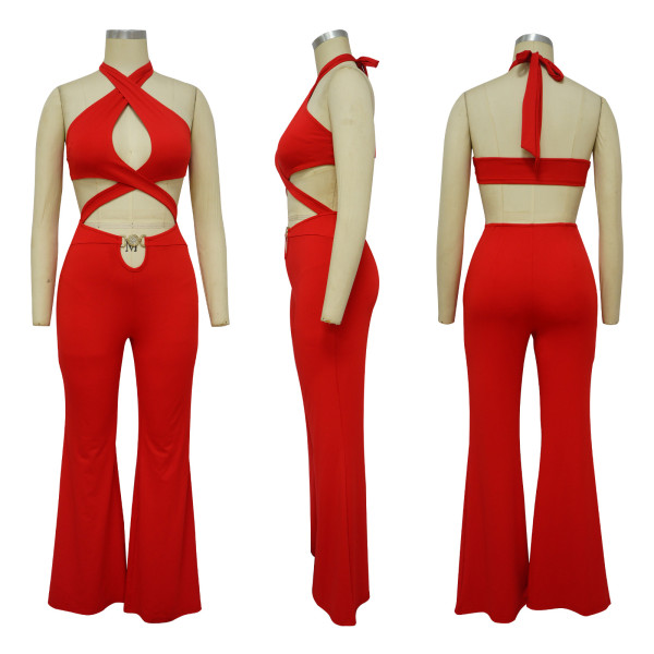 Hollow neck hanging open navel wide leg jumpsuit