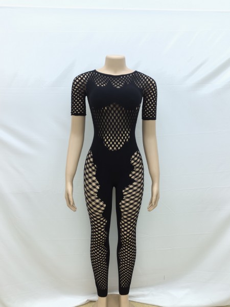 Round necked hollow fit sexy short sleeved integrated knitted jumpsuit