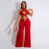 Hollow neck hanging open navel wide leg jumpsuit