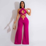 Hollow neck hanging open navel wide leg jumpsuit