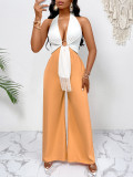 Hanging neck metal contrasting jumpsuit