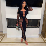 One line neckline, sleeveless, hollowed out one piece knitted buttock wrap dress