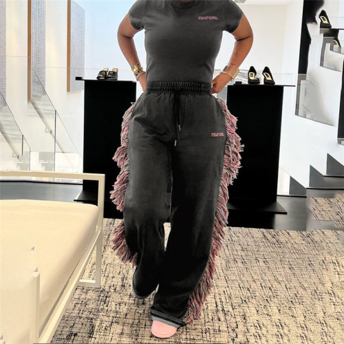 Women's round neck embroidered short sleeved T-shirt high waisted colorful tassel casual pants