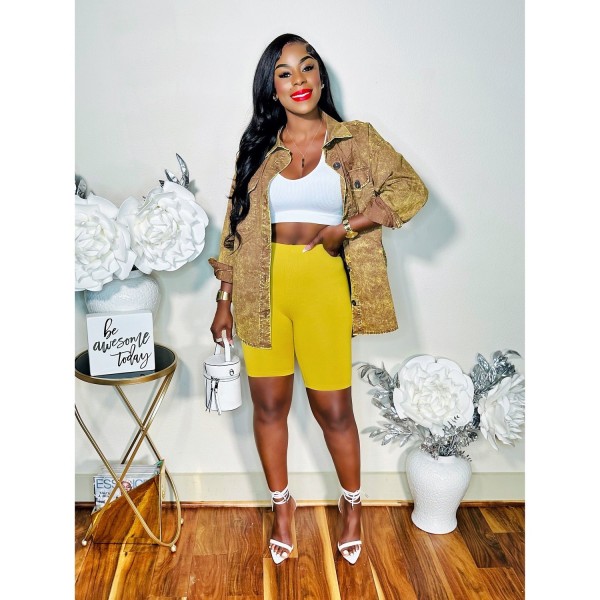 Flip collar positioning printed long sleeved shirt jacket+shorts two-piece set