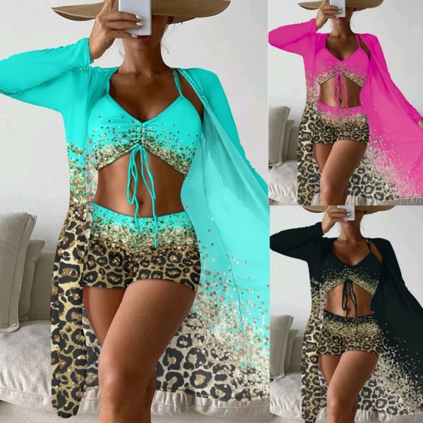 Three piece bikini split print boxer swimsuit
