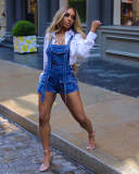 Washed denim loose multi pocket jumpsuit shorts with shoulder straps