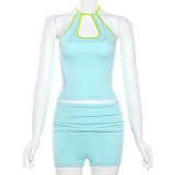 Lace up neck suspender vest high waisted shorts set
