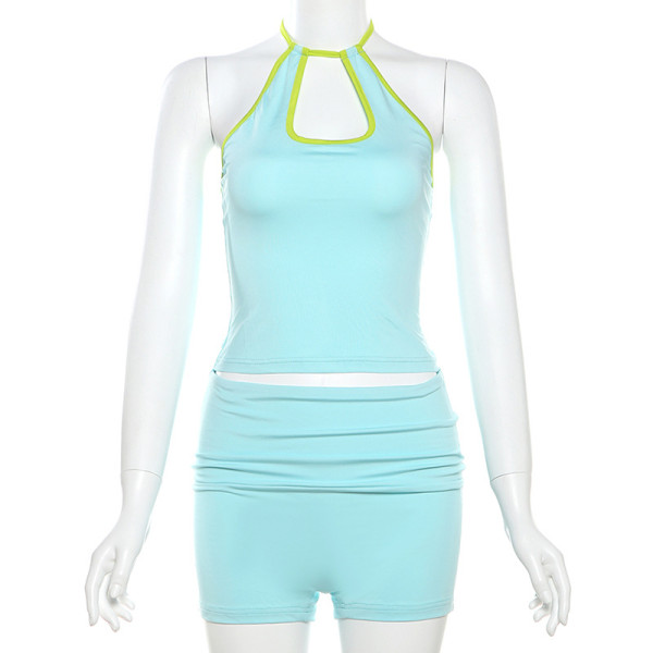 Lace up neck suspender vest high waisted shorts set