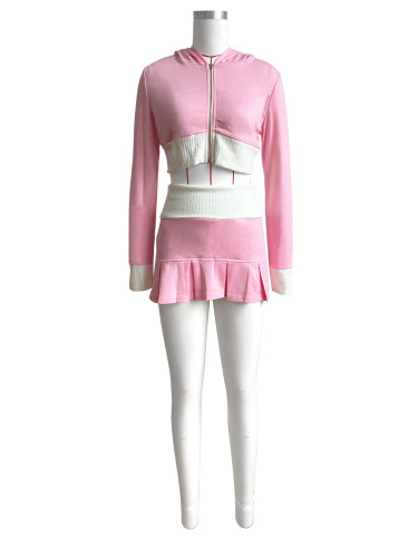 Color blocking patchwork long sleeved hooded pleated short skirt two-piece set