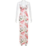Fragmented floral long dress, slim fit suspender dress