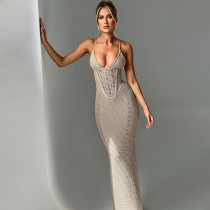 Open back hollowed out lace up knitted camisole wrapped hip dress Open back hollowed out lace up knitted camisole wrapped hip dress