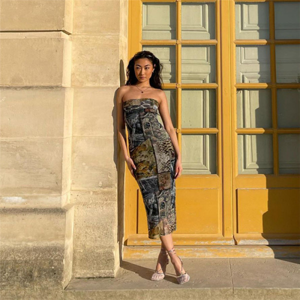 Printed slim fit sexy buttock wrap strapless dress