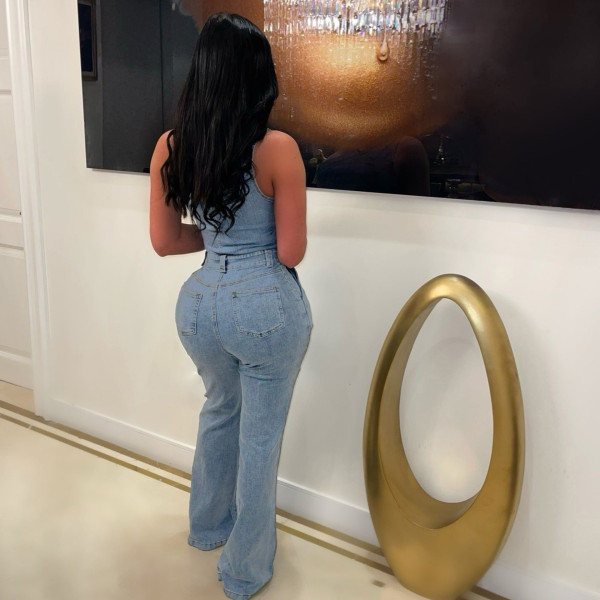 Diagonal shoulder tight waist slim fit elastic washed denim jumpsuit