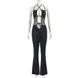 Sleeveless lace up backless micro flared wide leg jumpsuit