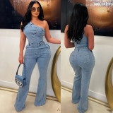 Diagonal shoulder tight waist slim fit elastic washed denim jumpsuit