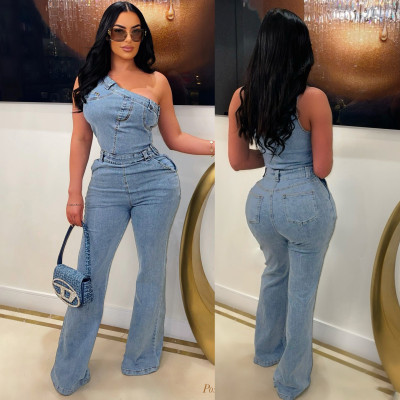 Diagonal shoulder tight waist slim fit elastic washed denim jumpsuit