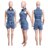 Sleeveless tight waist slim fit elastic washed denim jumpsuit