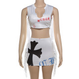 Women's sleeveless printed top with tassels wrapped around the hips short skirt set