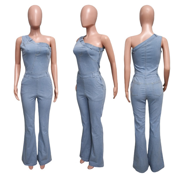 Diagonal shoulder tight waist slim fit elastic washed denim jumpsuit