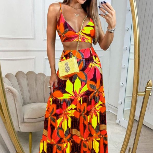 Printed V-neck strap large swing long skirt set