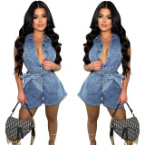 Sleeveless tight waist slim fit elastic washed denim jumpsuit