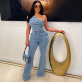 Diagonal shoulder tight waist slim fit elastic washed denim jumpsuit