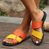 Color blocking PU wide stripe flat bottomed flip flops