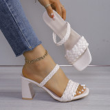 Solid color woven PU thick heel high heels and slippers