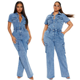 Tight waisted slim fit elastic denim jumpsuit flared pants