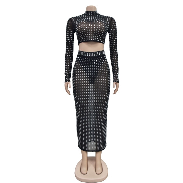 Women's solid color hot diamond mesh two-piece dress