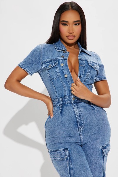 Tight waisted slim fit elastic denim jumpsuit flared pants