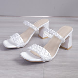 Solid color woven PU thick heel high heels and slippers