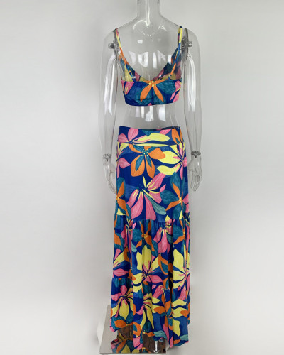 Printed V-neck strap large swing long skirt set