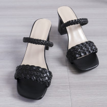 Solid color woven PU thick heel high heels and slippers