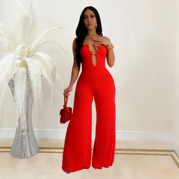 Women's solid color long pants jumpsuit